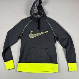 Nike Therma-FIT Pullover Hoodie Thumbhole Cuffs Size M Grey Volt Yellow